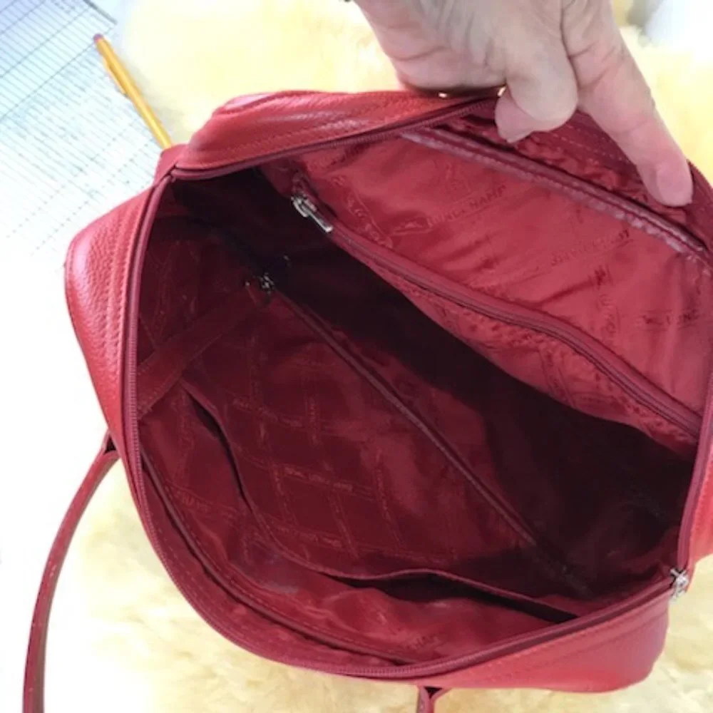 longchamps red pebbled leather satchel bag